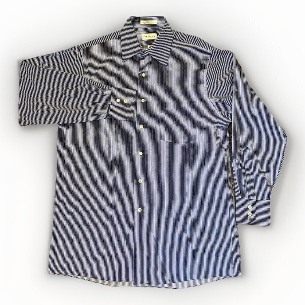Van Heusen Men's Button Up Shirt Size 15.5 Blue White Striped Long Sleeves EUC